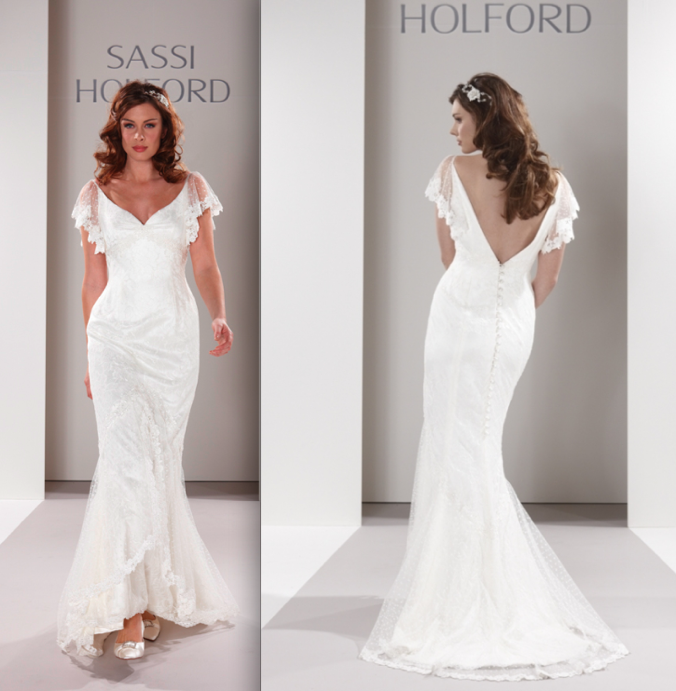 Sassi Holford wedding dress with sheer white polka dot angel sleeves and