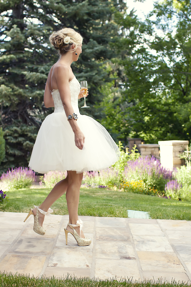 bride gold glitter shoes short tutu wedding dress champagne