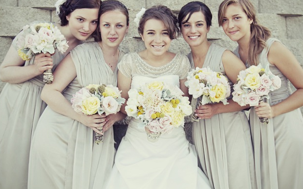 grey bridesmaids dresses & yellow bouquets