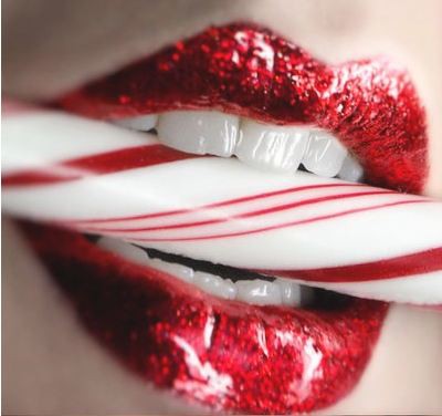 glitter red lips and candy cane
