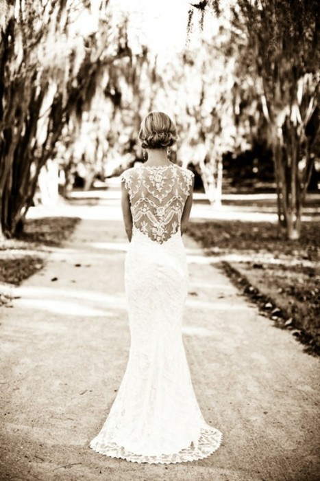 bride beautiful dress looking at path ahead