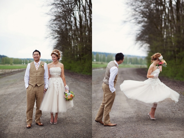 bride twirling in short prom style wedding dress by Justin Alexander