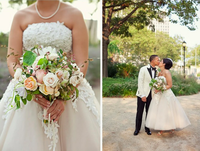bride wearing short justin alexander dress 2