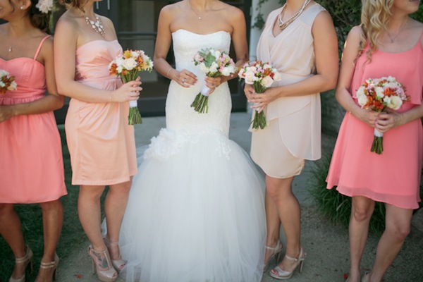 lace mermaid wedding dress, ombre pink bridesmaids | Troy Grover Photographers
