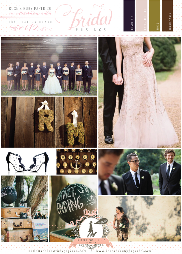Rustic gold, black, white and moss green wedding inspiration board